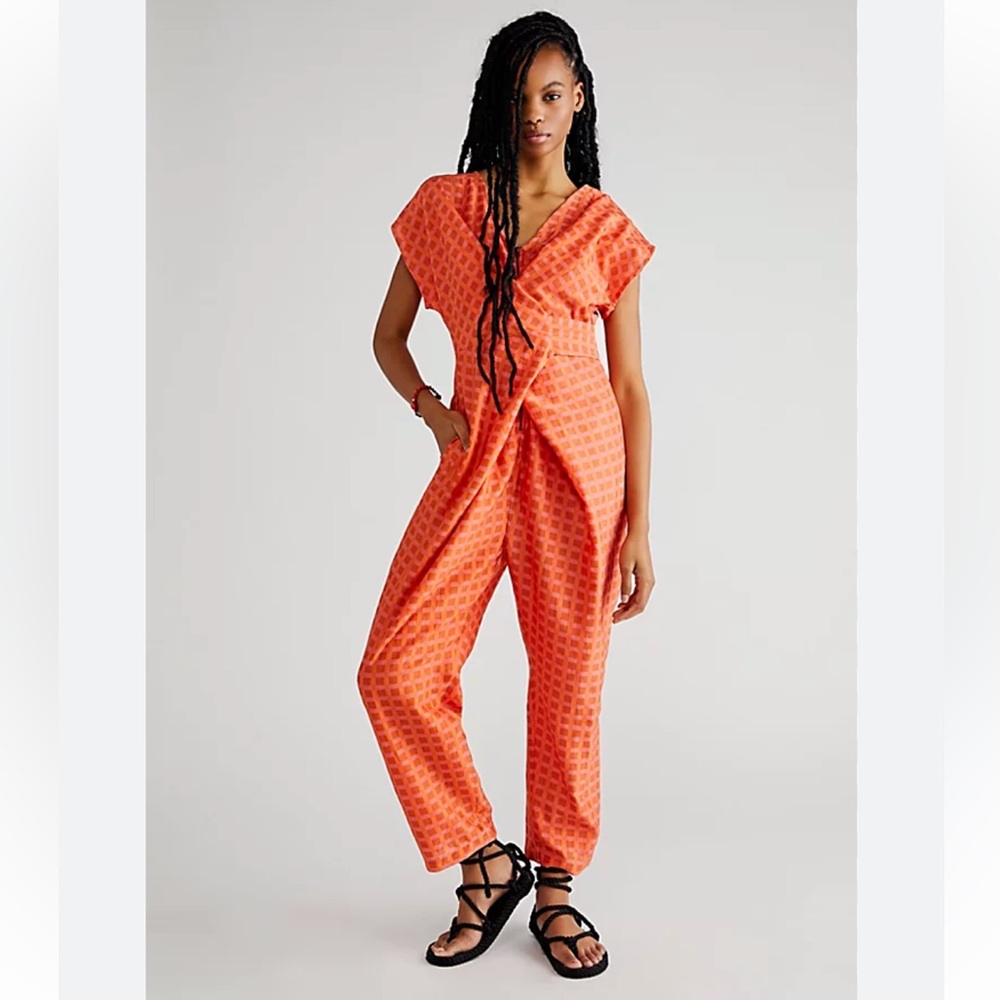 Printed Wrap-Front Orange Jumpsuit